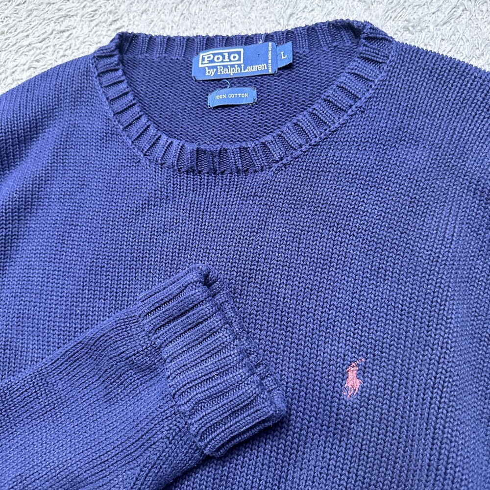 Polo Ralph Lauren Sweater Mens L Navy 100% Cotton Knit Pony Logo Crew Neck